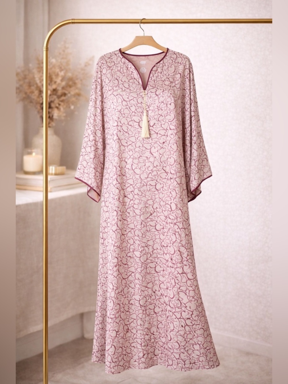 Lejaby Paris 100% Silk Robe Magenta Heart Print Long Caftan Lounge Dress small